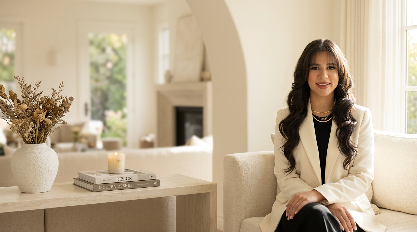 Camila Erlewine in a luxury Southern California living room